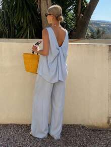 DAZY Women's Round Neck Sleeveless Top With Twist Back Design And Wide Leg Pants, Vacation Style 2 Pieces Set Summer - Blue - View 6
