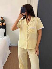 SHEIN Bubble Crinkle Striped Ruffle Front Women Pajama Set - Yellow - View 4
