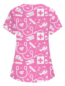 PopScrub Women's Pink V-Neck Short Sleeve Blouse,Cute Cartoon Tool Print,Functional Dual Pockets,Nurse Doctor Veterinary Uniform,Work Schoolgirl Lab Coat - Pink - View 2