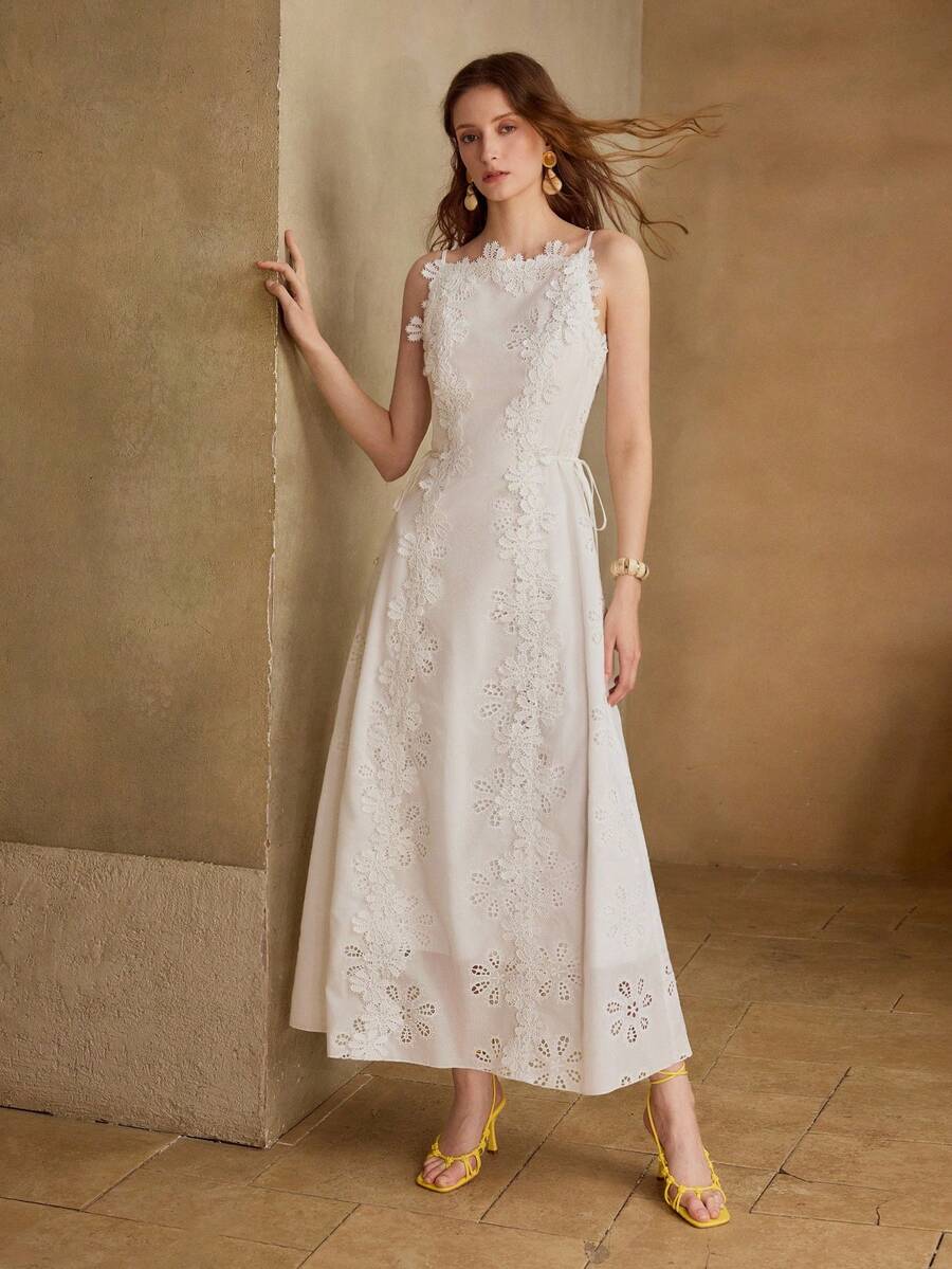 MOTF PREMIUM WATER-SOLUBLE APPLIQUE WAIST-CINCHING A-LINE DRESS, ELEGANT & MINIMALIST - White - View 2