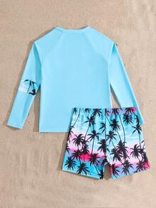 SHEIN Tween Boys Swimwear, Green Coconut Tree Print Casual Sporty Swimsuit, Suitable For Vacation And Summer - Blue - View 3