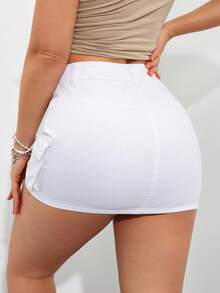 SHEIN PETITE 女士纽扣休闲牛仔迷你裙，日常百搭 - 白色 - 查看 2