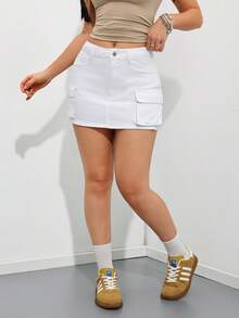 SHEIN PETITE 女士纽扣休闲牛仔迷你裙，日常百搭 - 白色 - 查看 5