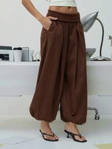 Hauture Casual High Waist Lantern Leg Pants With Pockets For Women - Brown - View 2