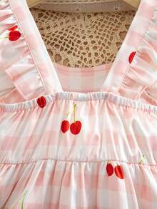 SHEIN Playful Pals 女婴条纹印花蝴蝶结前襟荷叶边下摆短袖粉色连衣裙，休闲时尚女婴春夏日常穿搭连衣裙 - 粉色 - 查看 5
