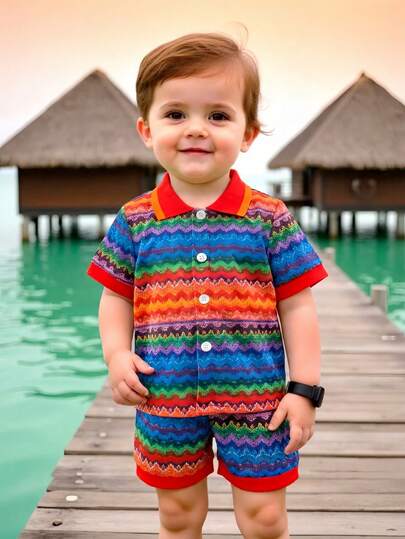 SHEIN Playful Pals Bộ đồ 2 món cho bé trai, áo thun ngắn tay dệt kim thoải mái, kiểu dáng thường ngày mùa xuân/hè mới, màu trơn, chất liệu jacquard, cổ áo cài nút, phối hợp thoải mái, phù hợp cho bé trai, áo rộng rãi thoải mái kết hợp với quần short, thiết kế eo chun, thích hợp cho các dịp xuân/hè như đi nghỉ mát, mặc hàng ngày.