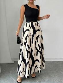 Elenzga Damen elegantes elastisches Strick-Patchwork Geometrisch Farbblock Muster A-Linien Kleid, geeignet für Alltag und Büro, Frühling/Sommer - Verschiedenfarbig - Übersicht 1