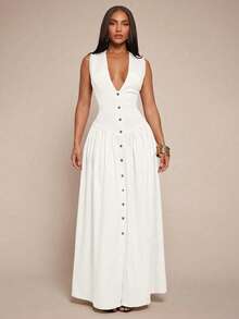 Radiana Đầm nữ gợi cảm, thanh lịch, tối giản, cổ chữ V, không tay, chất liệu giả vải lanh, đầm thắt eo, đầm sơ mi cài cúc phía trước, đầm xòe, đầm thường ngày, đầm phong cách retro, đầm tối giản, đầm đi nghỉ mát. - trắng - Xem 3