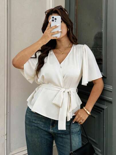 Lounesse Plus Size Women V-Neck Tie Waist Design Casual Plus Size Blouse With Ruffle Sleeves