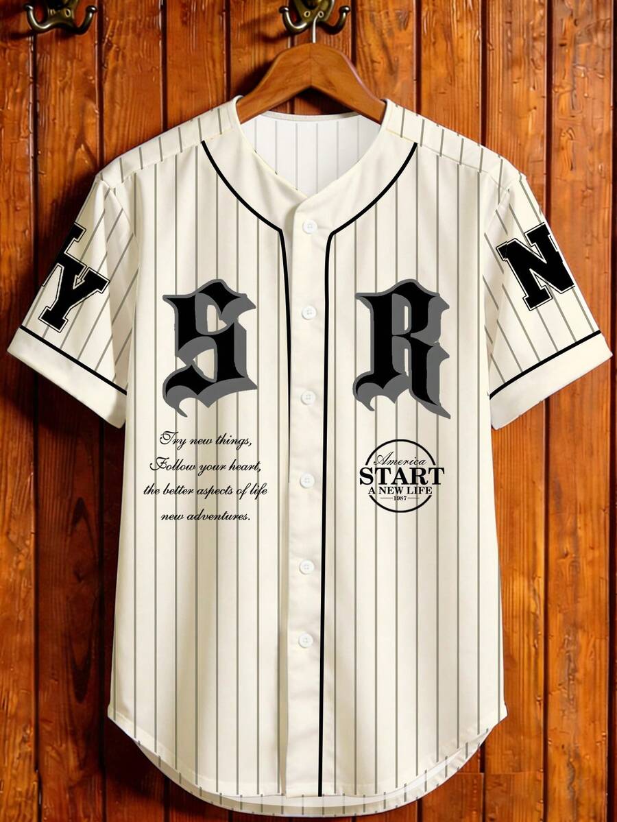 Aesthetic Post 男士字母条纹短袖单排扣休闲衬衫 - 彩色 - 查看 1