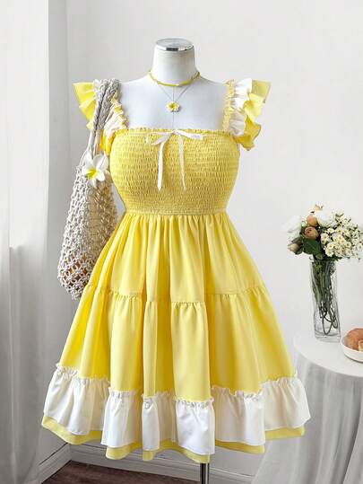 Sweetra Casual Elegant Solid Color French Minimalist Doll Collar Ruffle Sleeve A-Line High Waist Belted Midi Dress, Versatile Daily Wear, Yellow, Plus Size, Summer