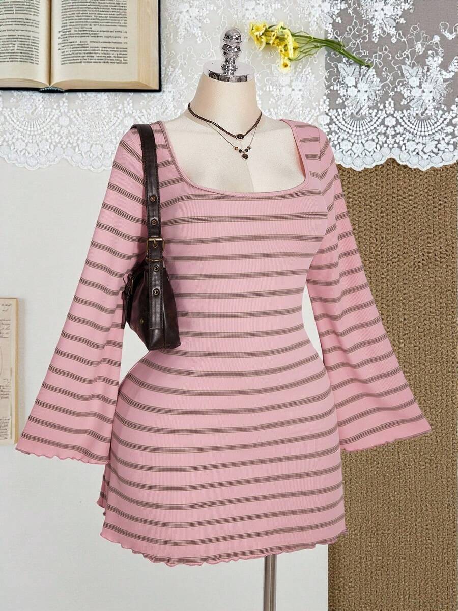 SHEIN ICON Plus Size Colorful Striped Backless Flare Sleeve Knit Dress - Pink - View 1