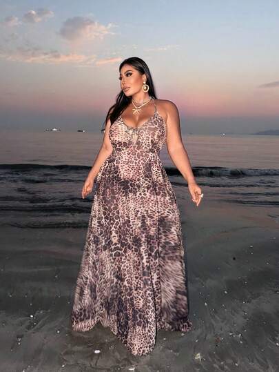 Swim SXY Vestido de tapa con estampado de leopardo, escote halter, espalda descubierta y nudo delantero, talla grande