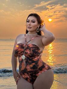 Swim Vcay Maillot de bain une pièce sexy pour les vacances à la plage, motif tie-dye abstrait, grande taille - Orange - Voir 3