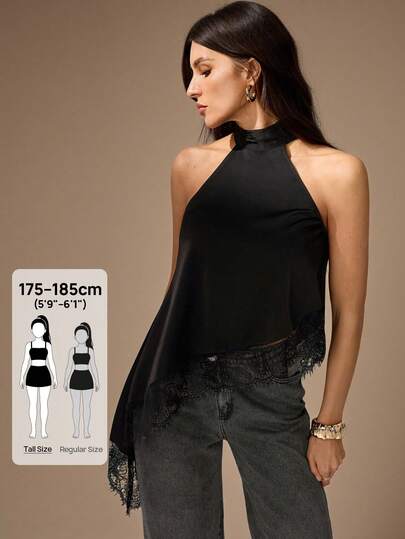 SHEIN Tall Áo kiểu yếm cổ cao bất đối xứng với viền ren, thích hợp cho tiệc tối, cocktail, trang trọng, thanh lịch, không tay, phù hợp cho các buổi tối đi chơi, đám cưới, mùa xuân hè thu, áo trễ vai.
