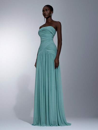 Elitara Elegant Olive Green High-Elastic Knit Ruched Bust Waist-Slimming Fishtail Hem Dress, Suitable For Dates, Vacations, Beach, Weddings, Singles Parties, Bridesmaid Dresses (Adult)
