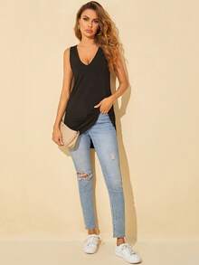SHEIN Tall V-neck Curved Hem Tank Top - Black - View 5