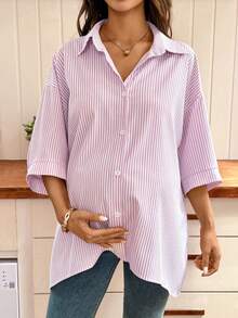 SHEIN Maternity Striped Drop Shoulder Single-Breasted Casual Loose Shirt - Pink - View 4
