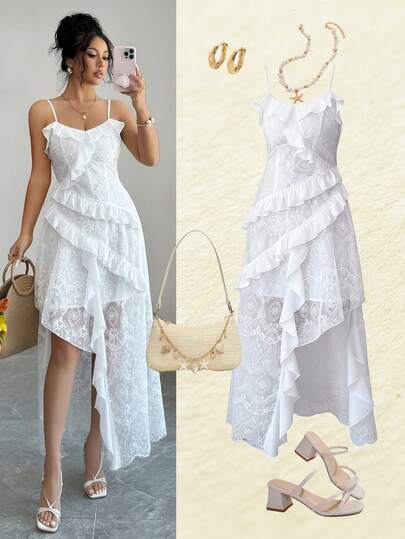 Rafferiza Đầm nữ dáng lửng, màu trơn, chất liệu lưới thêu, viền bèo nhún, dây mảnh, thích hợp cho kỳ nghỉ.