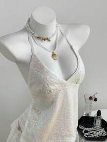 Elamini Áo croptop hai dây hở lưng cổ chữ V đính sequin gợi cảm, ngọt ngào và quyến rũ cho mùa hè. - Hồng - Xem 4