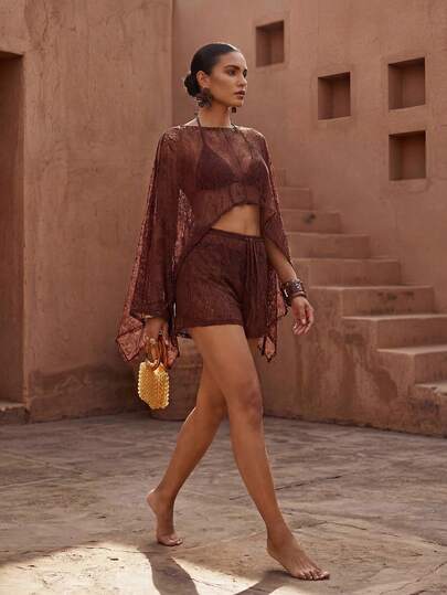  Zivah's Latest Summer Bestseller Is An Elegant Bohemian-Style Shawl-Style Top And Shorts Set, Crafted From A Breathable Tan Openwork Knit Jacquard Fabric. Versatile And Practical, It's Suitable For Various Occasions, Including Vacations, Travel, Commuting, Everyday Outings, Parties, Music Festivals, The Beach, Holidays, Airport Fashion, Cruise Travel, And Afternoon Tea.