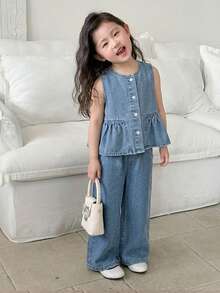Maija Kids Maija Kids 2件套女童牛仔无袖背心和宽松裤套装 - 淺色水洗藍 - 查看 7
