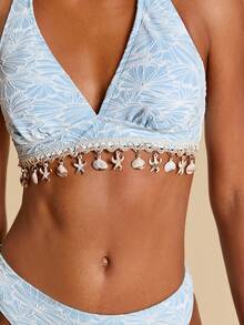 Travachic Bộ bikini gợi cảm buộc dây cổ, họa tiết hoa, dành cho nữ, thích hợp mặc đi biển mùa hè. - Màu xanh lam - Xem 5