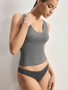 Ocili 1pc Women's Comfortable Minimalist Letter Decor V-Neck Dark Grey Undershirt - Dark Grey - View 7