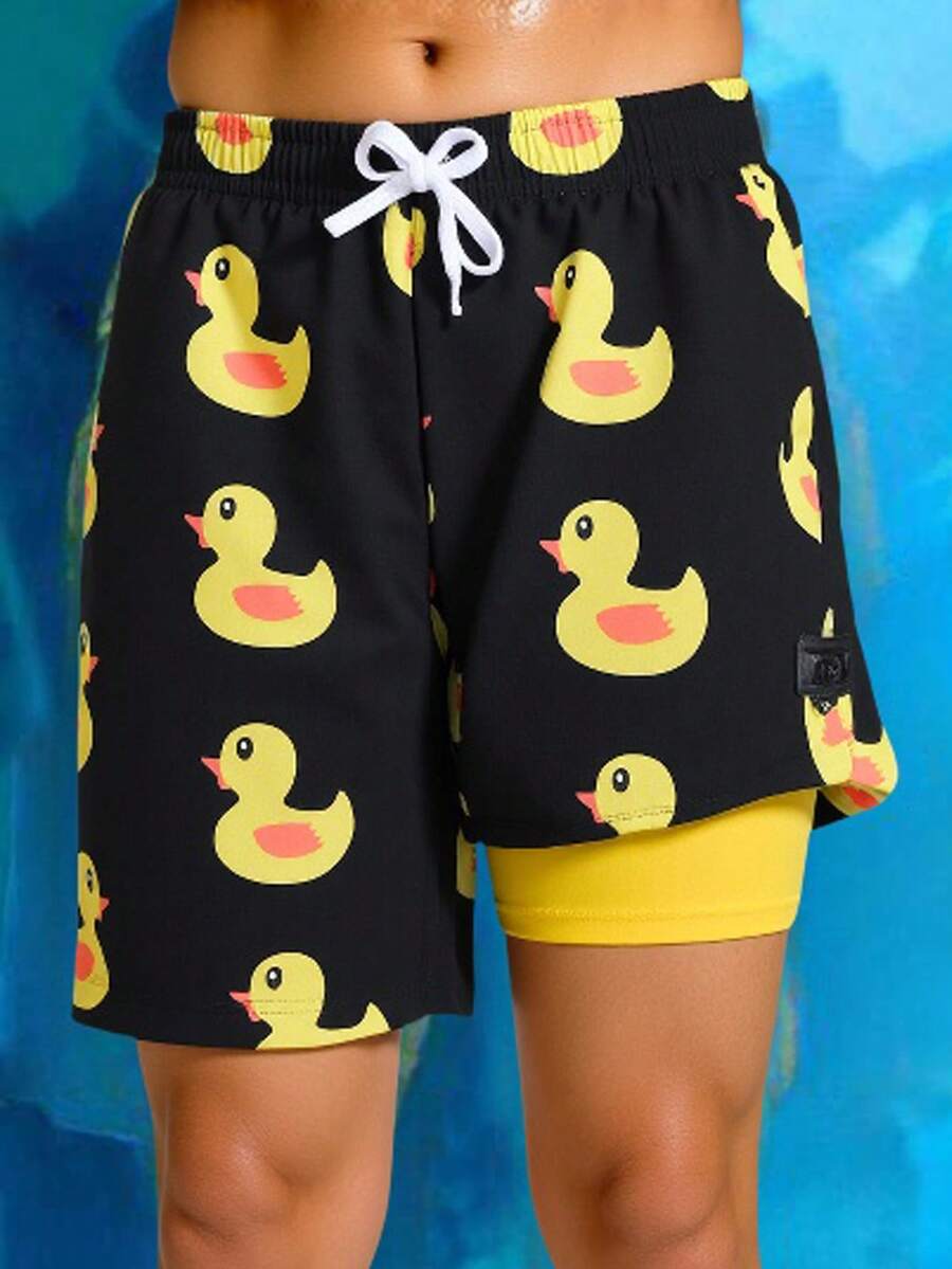 SHEIN Leap Crew 1 Quần bơi ngắn có dây rút in hình con vịt cho bé trai tuổi teen, Quần áo mùa xuân; Quần áo cho bé trai tuổi teen; Áo khoác cho bé trai tuổi teen, Mùa xuân trở lại trường
