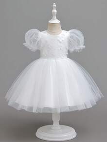 Glamorique Kids 女童花卉刺繡花瓣袖薄紗派對新娘花童禮服，優雅A字版花童禮服適用於生日、聚會，四季皆宜，兒童聖餐禮服、白色兒童禮服、花童公主裙、伴娘禮服、小新娘禮服、兒童茶會禮服、兒童聖餐舞會禮服、畢業禮服、夏季婚禮花童禮服 - 白色 - 查看 3
