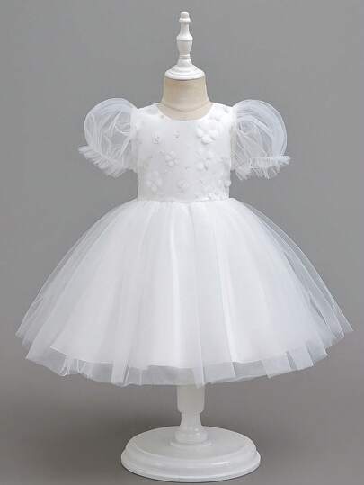 Glamorique Kids Girls' Floral Embroidered Petal Sleeve Tulle Party Dress, Elegant Flower Girl Dress For Birthday, Gathering, Suitable For All Seasons