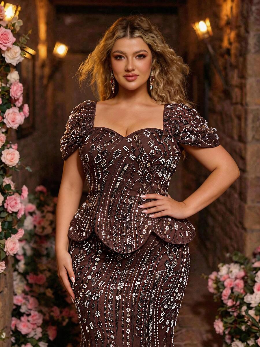 Glamrae Vestido de sirena de dos piezas elegante y romántico de color marrón con hombros descubiertos, adecuado para invitados de boda, ceremonia de graduación, fiesta de cumpleaños, ocasión formal, vestido de noche de lujo (diseño intrincado)