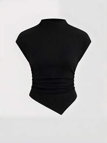 SHEIN Girlism 少女纯色领修身不对称下摆T恤 - 黑色 - 查看 3