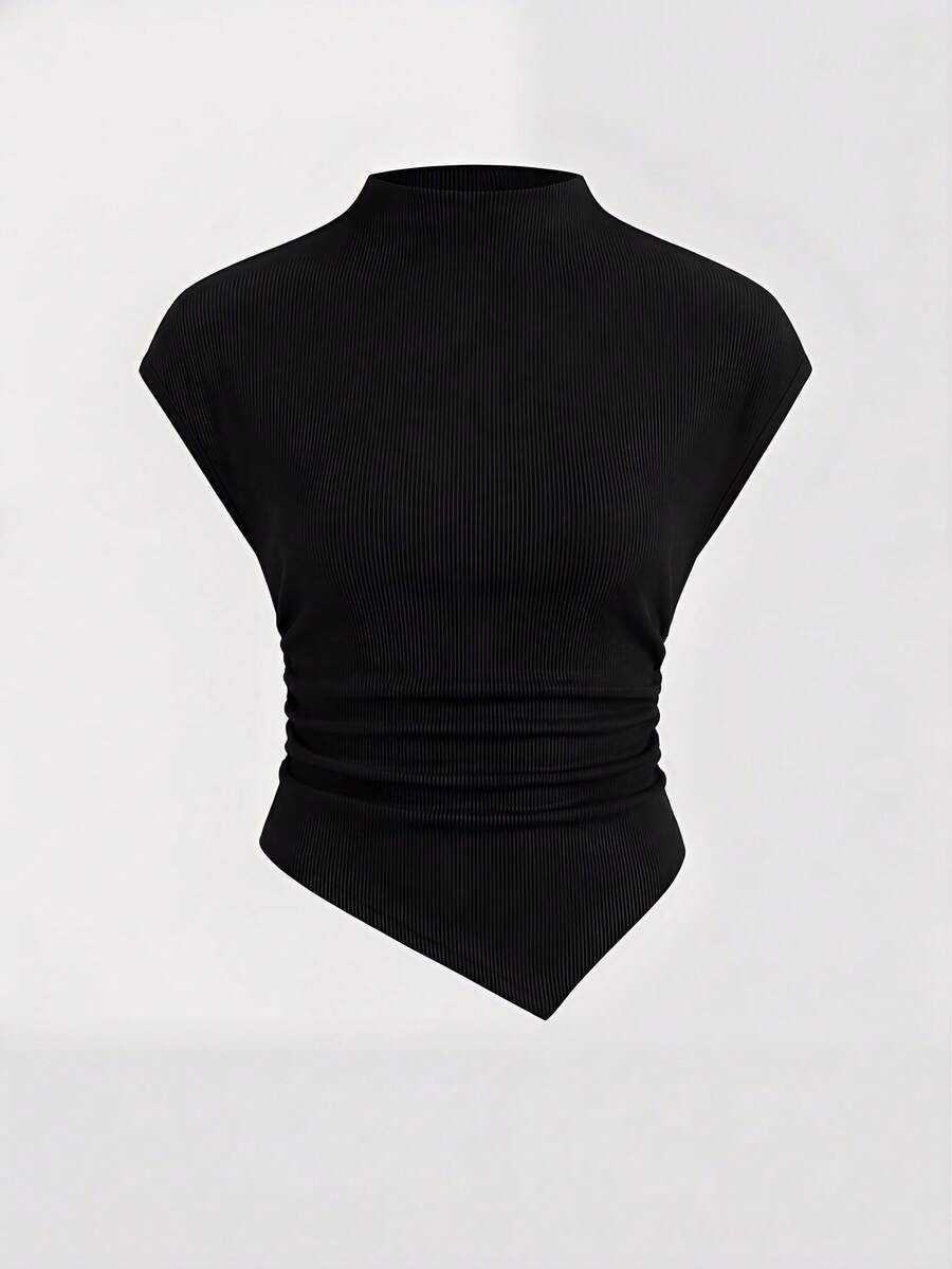 SHEIN Girlism 少女纯色领修身不对称下摆T恤 - 黑色 - 查看 1