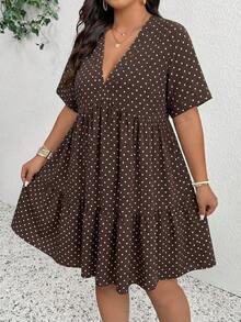 SHEIN CURVE+ CURVE+ 大尺碼極簡V領圓點洋裝，波希米亞風度假穿搭，女款沙灘洋裝/沙灘裙/沙灘度假套裝/沙灘必備/畢業典禮/下午茶派對洋裝/鄉村風/沙灘度假穿搭/沙灘穿著/沙灘服飾 - 巧克力棕 - 查看 3