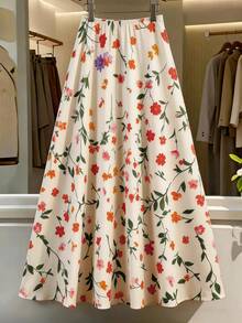 Franclia Falda evasé de cintura alta con estampado floral diminuto al estilo francés de verano, versátil - Albaricoque - Ver 2