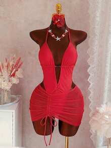 SHEIN Swim Swim Vcay 2026 女士优雅酒红色网纱挂脖深V连体泳衣，搭配透视褶皱迷你罩裙，塑形收腹泳装套装，适合夏季海滩度假穿着，休闲优雅的深V领镂空连体泳衣，饰有金属环细节，适合泳池派对假日装扮 | 酒红色性感网纱连体泳衣，女士度假必备 - 紅色 - 查看 6