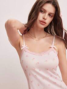 Elorette Camisón de mujer CottageSlumber con ribete de encaje floral, lazo y tejido acanalado sexy - Rosa - Ver 5