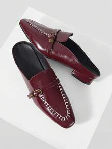 Mnmlis Retro Small Square Toe Mule Metal Buckle Women's Shoes, Lazy People Wear Atmosphere Half Slippers - Burgundy - View 1