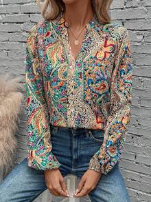 EMERY ROSE Paisley Print Notched Neckline Lantern Sleeve Blouse,Long Sleeve Tops Fall Cloth For Women - Multicolor - View 4
