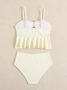 SHEIN Bộ đồ bơi hai dây tankini và quần tam giác trang trí kim loại dành cho bé gái tuổi teen, thích hợp cho kỳ nghỉ biển. - Màu be - Xem 2