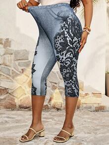 EMERY ROSE 大尺碼女款蕾絲拼接瑜伽七分內搭褲，藍色波希米亞風夏季海灘度假節慶休閒百搭日常穿著內搭褲 - 彩色 - 查看 3