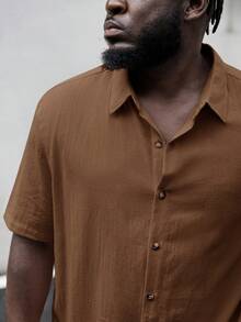 EASEVO Plus Size Men's Woven Single-Breasted Casual Short Sleeve Shirt, Suitable For Commuting And Daily Wear - Brown - View 3