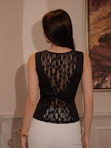 NOVVYNE Áo tank top không tay phối ren, áo kiểu ôm dáng màu đen, áo camisole thanh lịch dành cho công sở. - màu đen - Xem 1