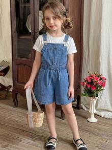 少女休闲牛仔背带裤和连体裤，新款简约百搭破洞浅蓝色水洗牛仔背带短裤 - 藍色 - 查看 1