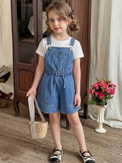 Pantalones de peto vaqueros informales y mono para niñas preadolescentes, nuevos pantalones cortos de peto de mezclilla lavada en azul claro rasgados, de estilo minimalista y versátil