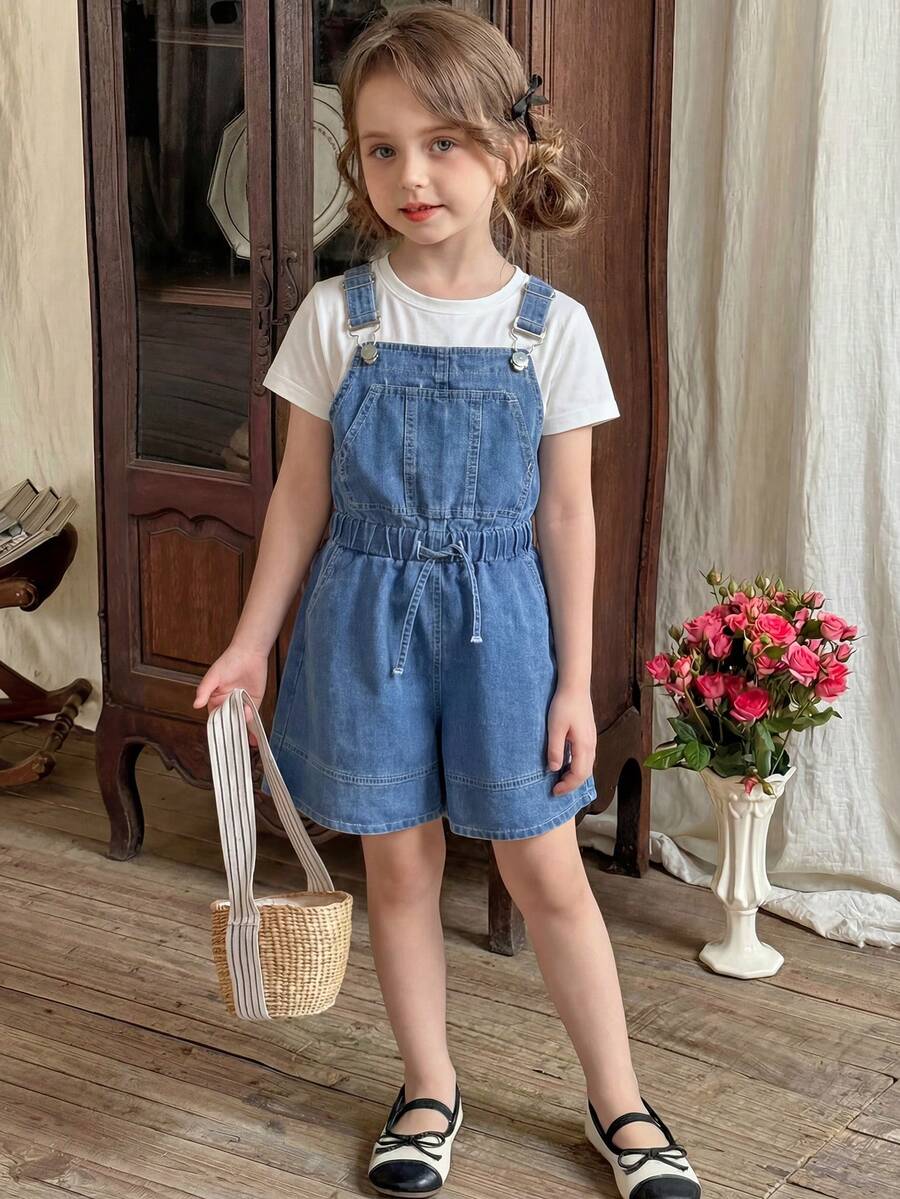 少女休闲牛仔背带裤和连体裤,新款简约百搭破洞浅蓝色水洗牛仔背带短裤 - 藍色 - 查看 1