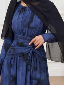 Calvaya Women's Elegant Tie Dye Print Mesh Elastic Waist Ruched Flared Hem Long Sleeve Dress - Navy Blue - View 3