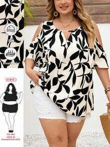 SHEIN CURVE+ 大码女式夏季休闲度假印花露肩舒适透气宽松上衣 - 黑與白 - 查看 1