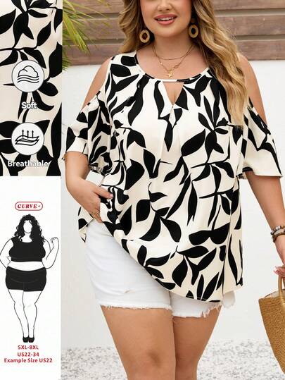 SHEIN CURVE+ 大码女式夏季休闲度假印花露肩舒适透气宽松上衣